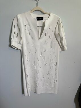 SHAN White Textured Dress Minimalist Puff Sleeve Cutout Detail Structured Shift